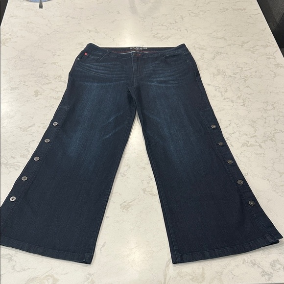 Peace Love World Regular Wide Leg Jeans with Side Buttons Womens Dark Blue Jeans - Picture 5 of 16